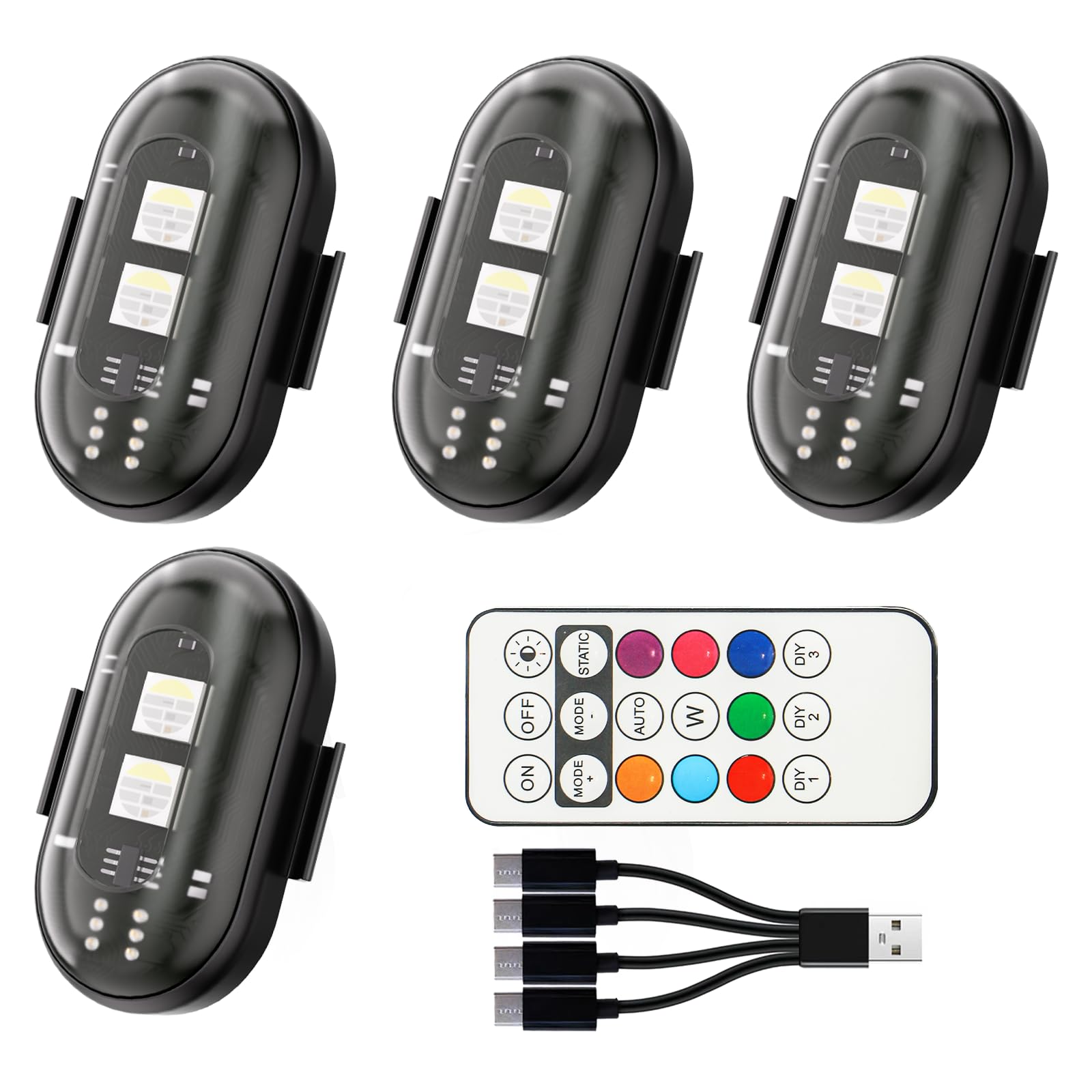4PCS Wireless LED Strobe Lights for car with Remote Control, 8 Colors USB Charge high Brightness Wireless led Light IP65 Waterproof Anti-Collision for Car Drone Truck Motorcycle Aircraft Bike(4Pcs)