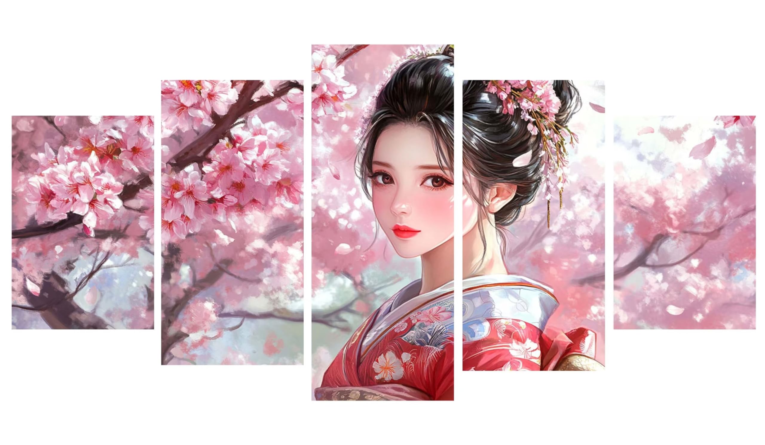 5D Diamond Painting 5 Pièces Geisha japonaise fleurs cerisier Peinture Diamant Adulte,Broderie Diamond Painting Adulte Grand Format Puzzle Art,Point de Croix Art Craft,Decoration Murale 75x125cm Y-516