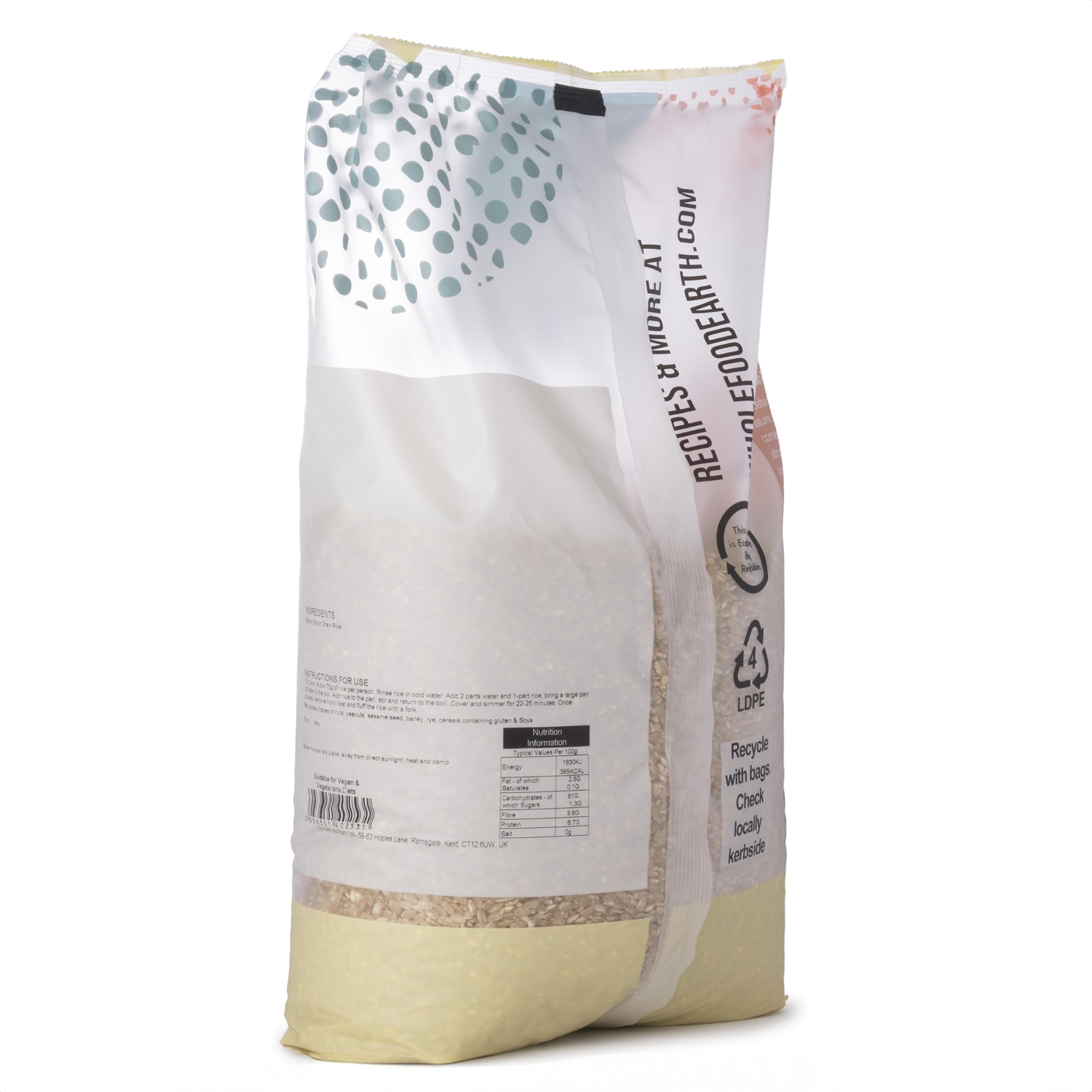 Wholefood Earth - Arroz integral ecológico de grano redondo (3 kg, sin transgénicos, fuente de fibra, procedente de agricultura ecológica controlada)