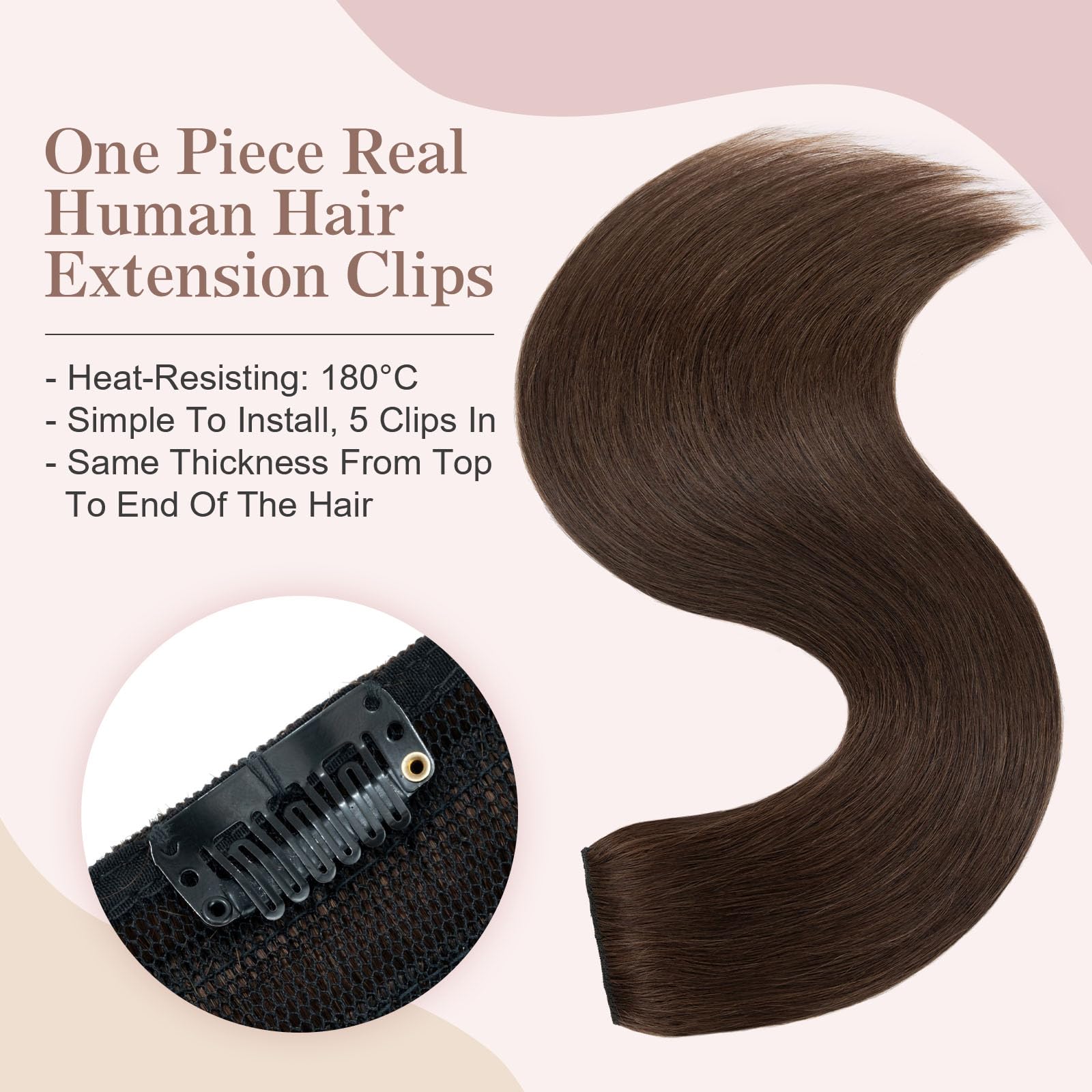 SEGOHAIR Clip in Human Hair Extensions, 16" One Piece 5 Clips Thick Clip in Hair Extension - 3/4 Full Head - Dark Chocolate Brown - Image 2