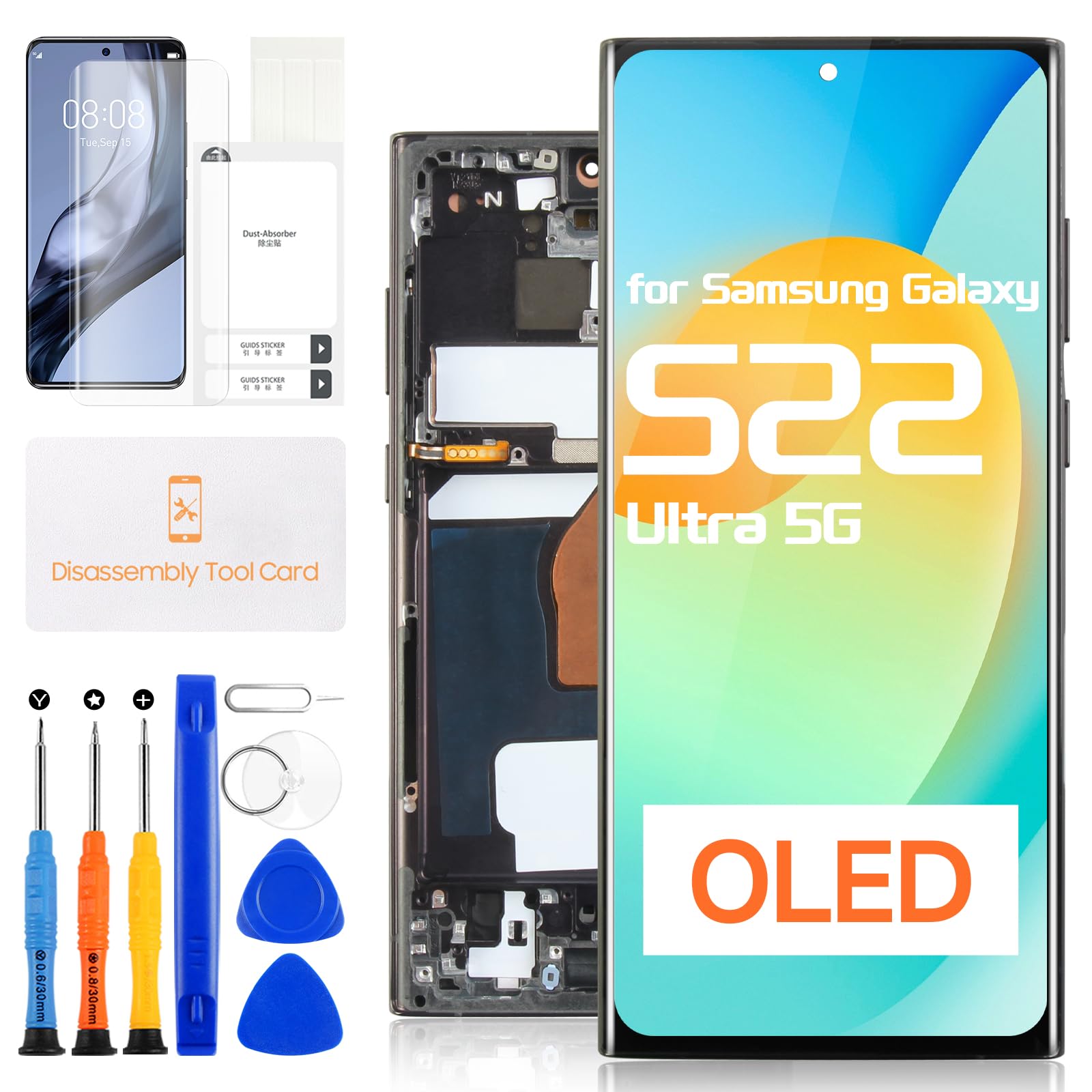 OLED Screen Replacement for Samsung Galaxy S22 Ultra 5G S908 - LCD Display for Samsung S22 Ultra Digitizer SM-S908 SM-S908U SM-S908N Touch Screen Assembly with Tools(Black with Frame)