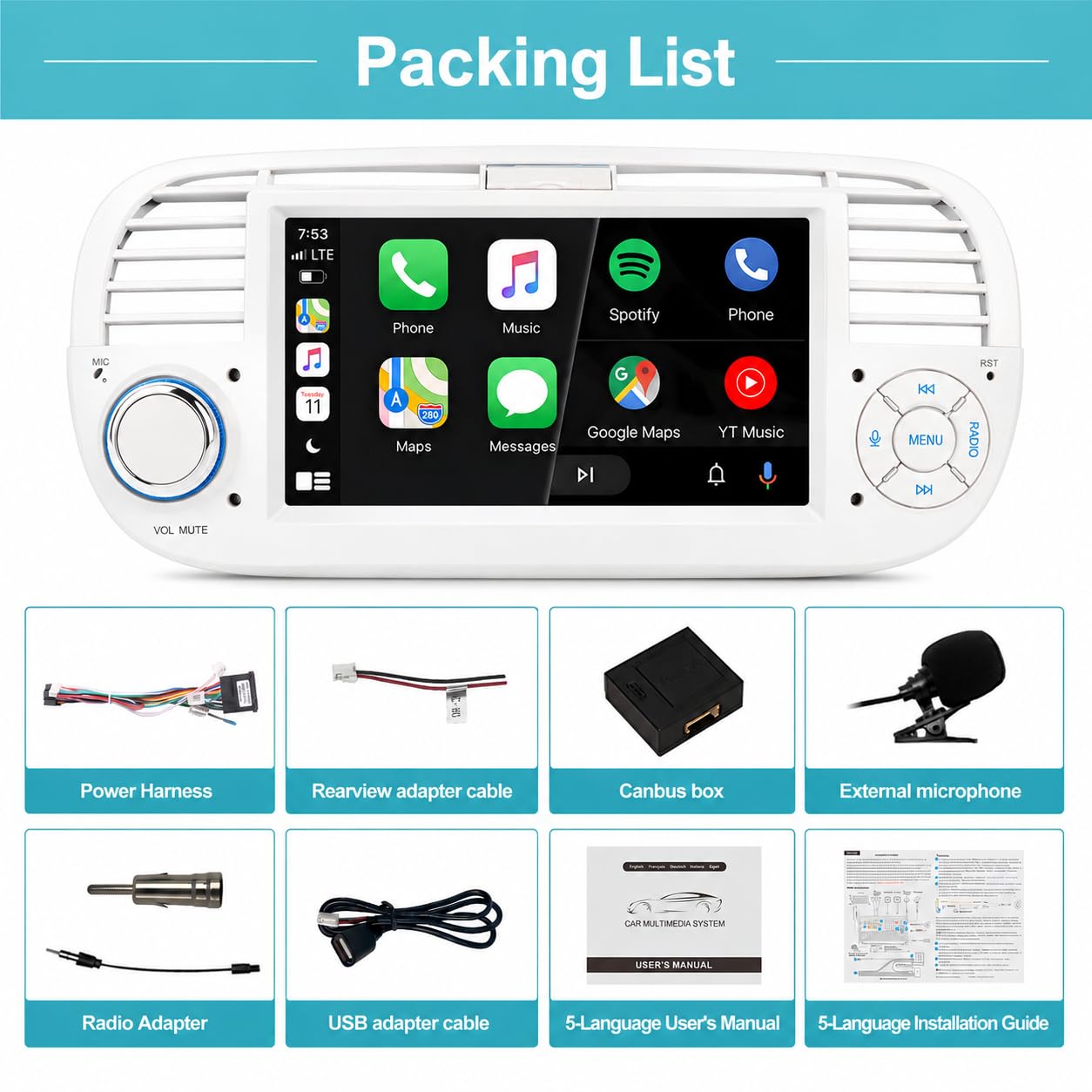 Autoradio Thihphoatli 1DIN Wireless CarPlay DSP RDS per FIAT 500 2007-2015 | Sistema Linux,avvio rapido 2s,Plug&Play,Bluetooth,CANBUS,comandi volante originali,schermo supporto telecamera posteriore
