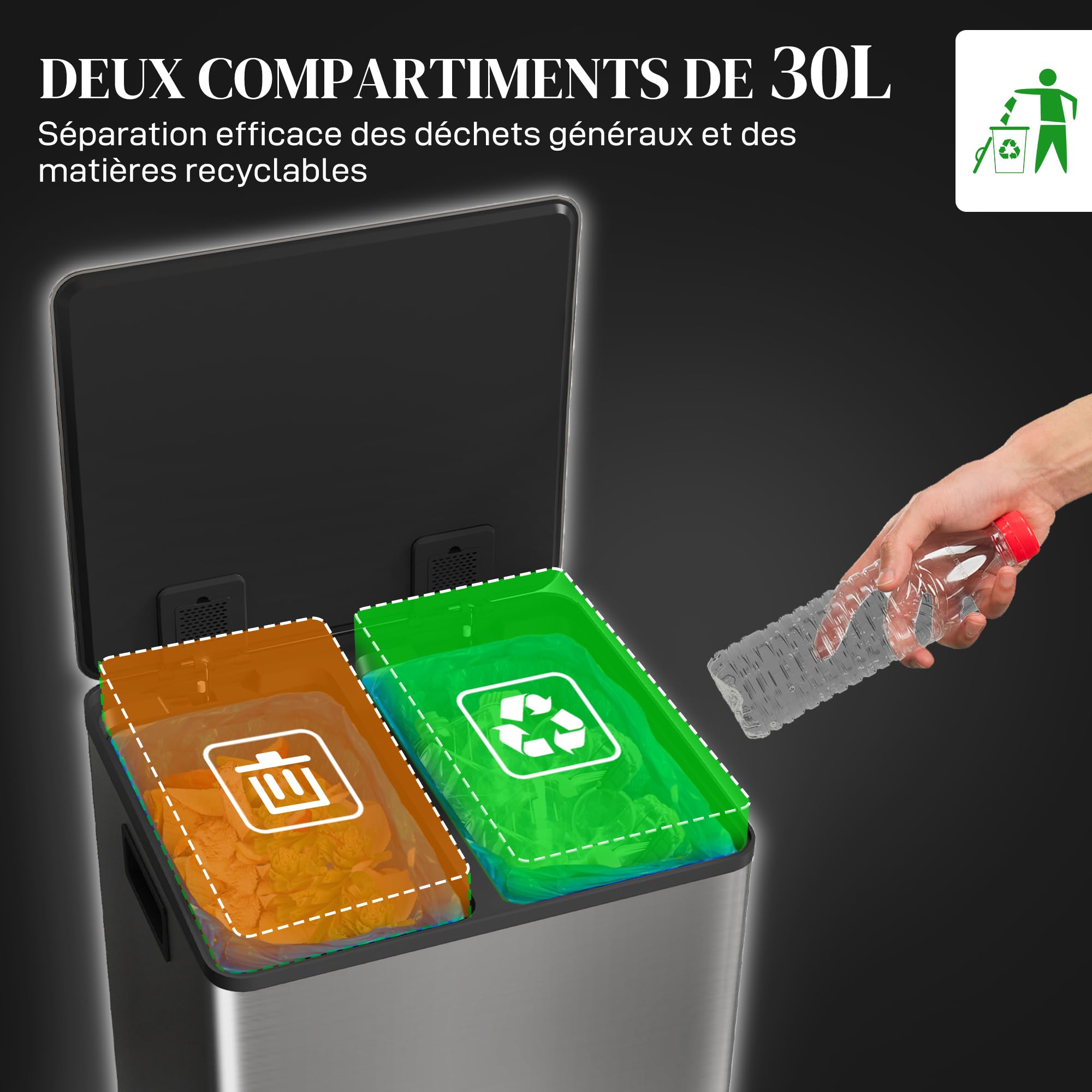 HOMCOM Poubelle de cuisine 2 x 30L à pédale acier inoxydable couvercle fermeture douce seaux amovibles 47,7x37,5x66,8 cm argenté