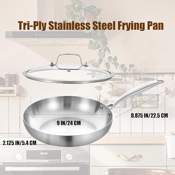 LOLYKITCH 8.5 Inch Tri-ply Stainless Steel Frying Pan with Lid,Skillet,Induction Cooking Pan,Dishwasher and Oven Safe,Riveted Handle - 2