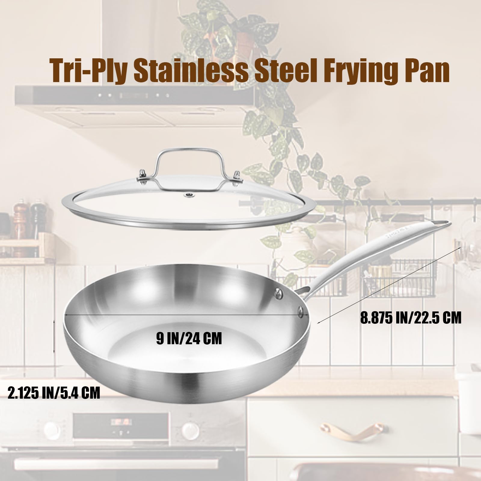 LOLYKITCH 8.5 Inch Tri-ply Stainless Steel Frying Pan with Lid,Skillet,Induction Cooking Pan,Dishwasher and Oven Safe,Riveted Handle — view 2