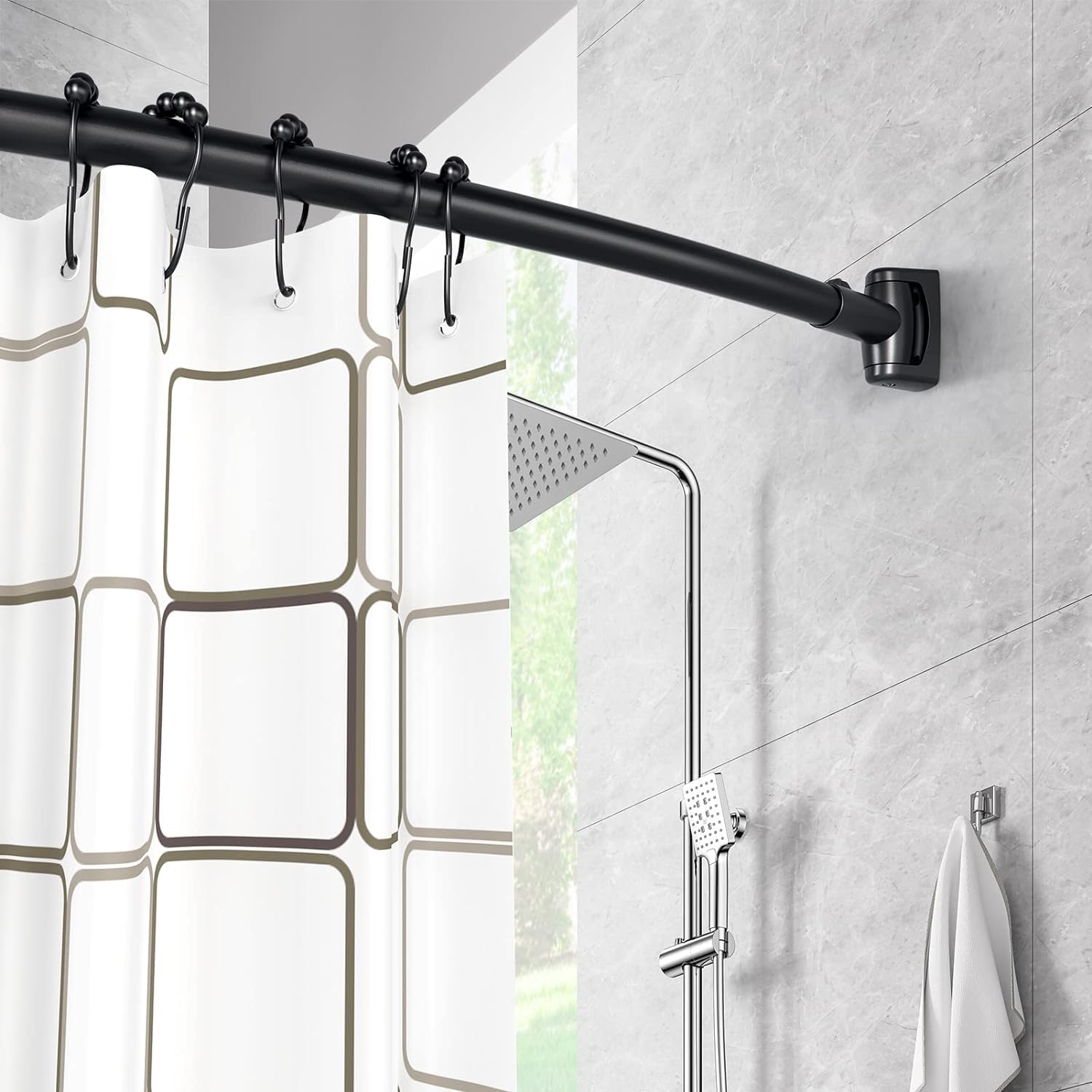 Barra Cortina Ducha Curvada 140-200cm, Acero Inoxidable 304 Extensible, Soporte 25kg, Barra de Ducha con Base Ajustable 180° para Baño, Vestidor y Bañera, Incluye 18 Ganchos, Negro