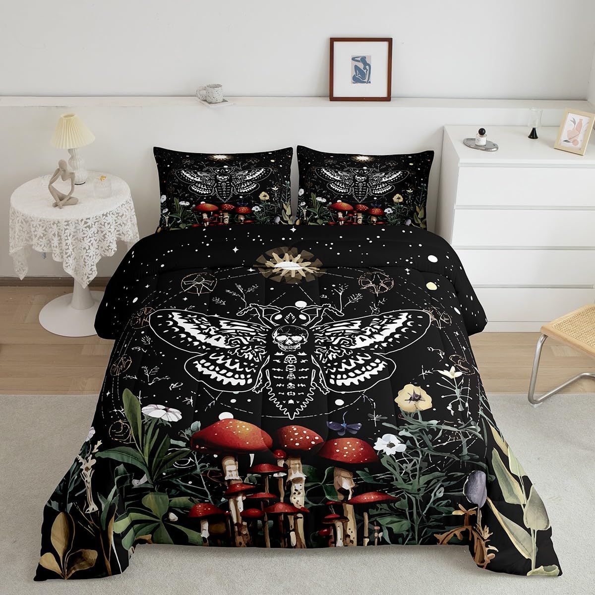 Feelyou Boho Moth Bedding Set Kids Bohemian Moon Sun Galaxy Comforter Set Boys Girls Wild Mushroom Floral Decor Comforter Microfiber Eoxtic Comforter