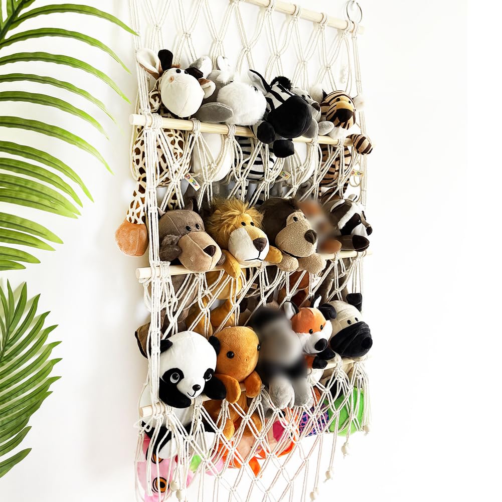 Hamac de Rangement pour Jouets Tissée à la Main en Corde de Coton à Suspendre Support de Rangement Peluche