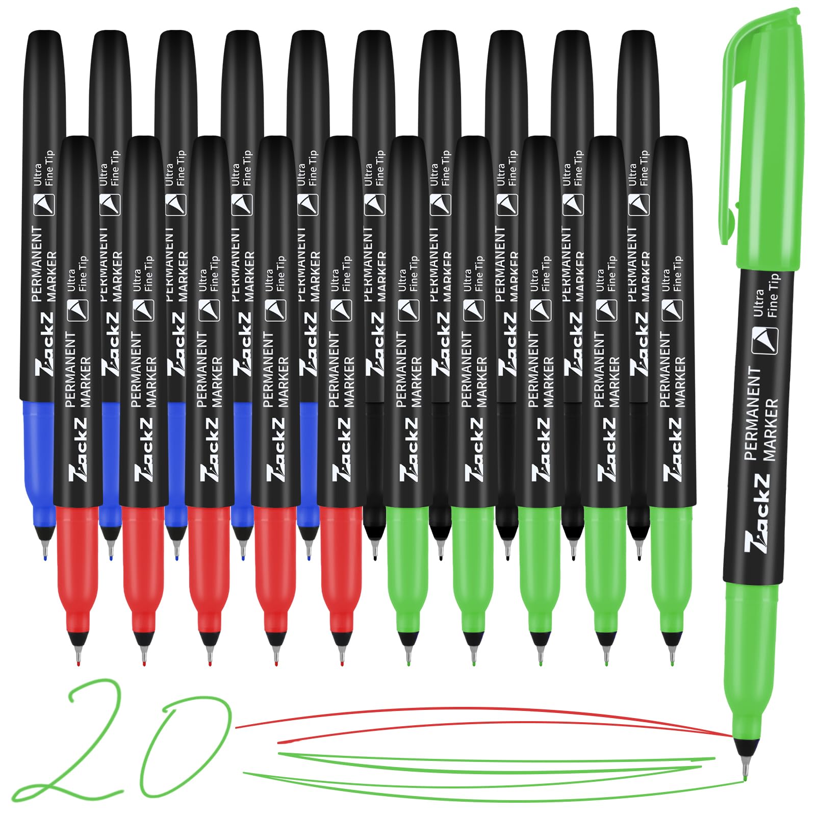 ZackZ Ultra cienkie markery permanentne luzem, cienka końcówka 0,4 mm, różne kolory, wodoodporne, szybkoschnące, odporne na blaknięcie, cienka końcówka działa na papierze, szkle, plastiku, drewnie