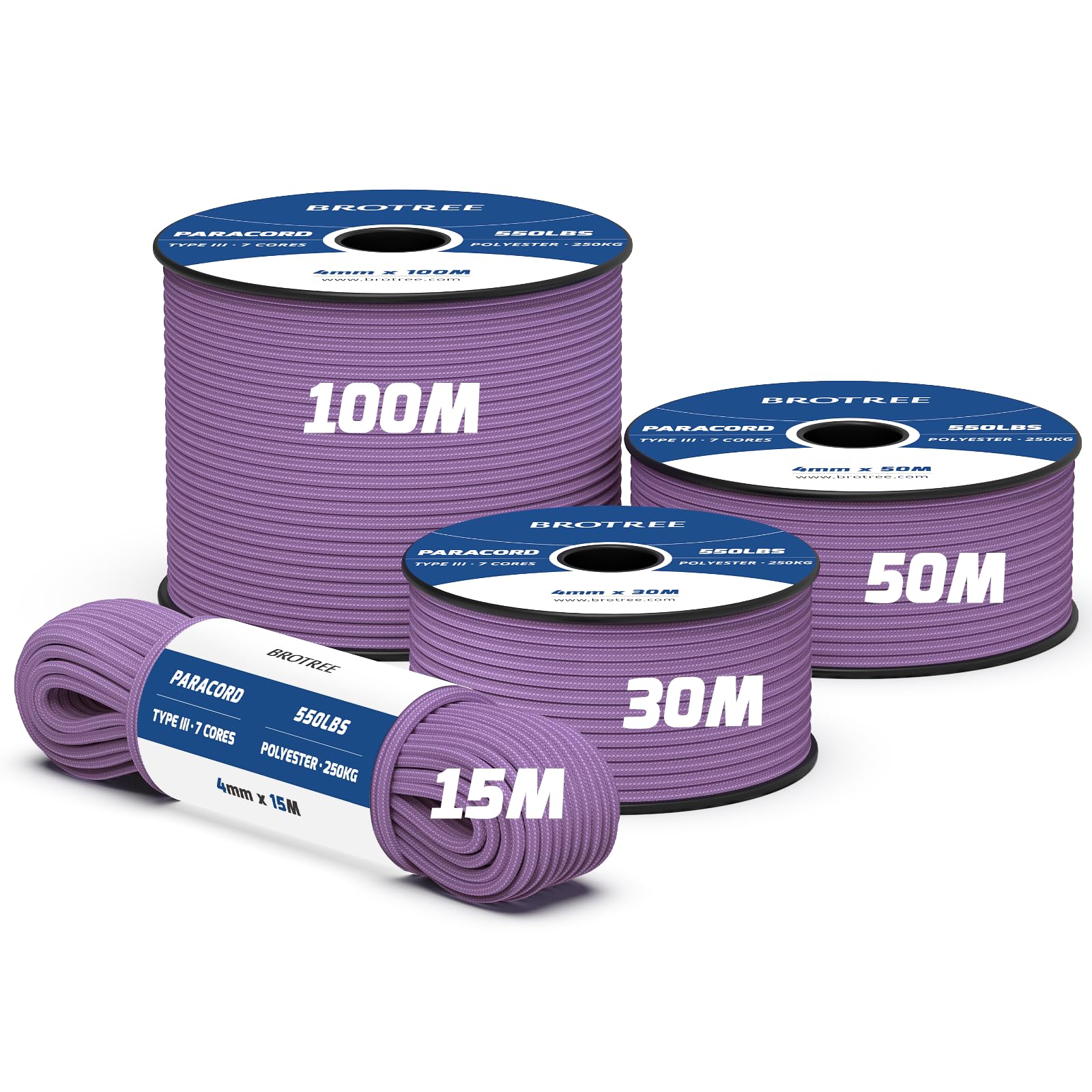 Brotree 550 Paracord 4mm 50m Rope Type III 7 Strands 100% Polyester Parachute Cord for Crafting, Camping, Outdoor, Survival - Lilac