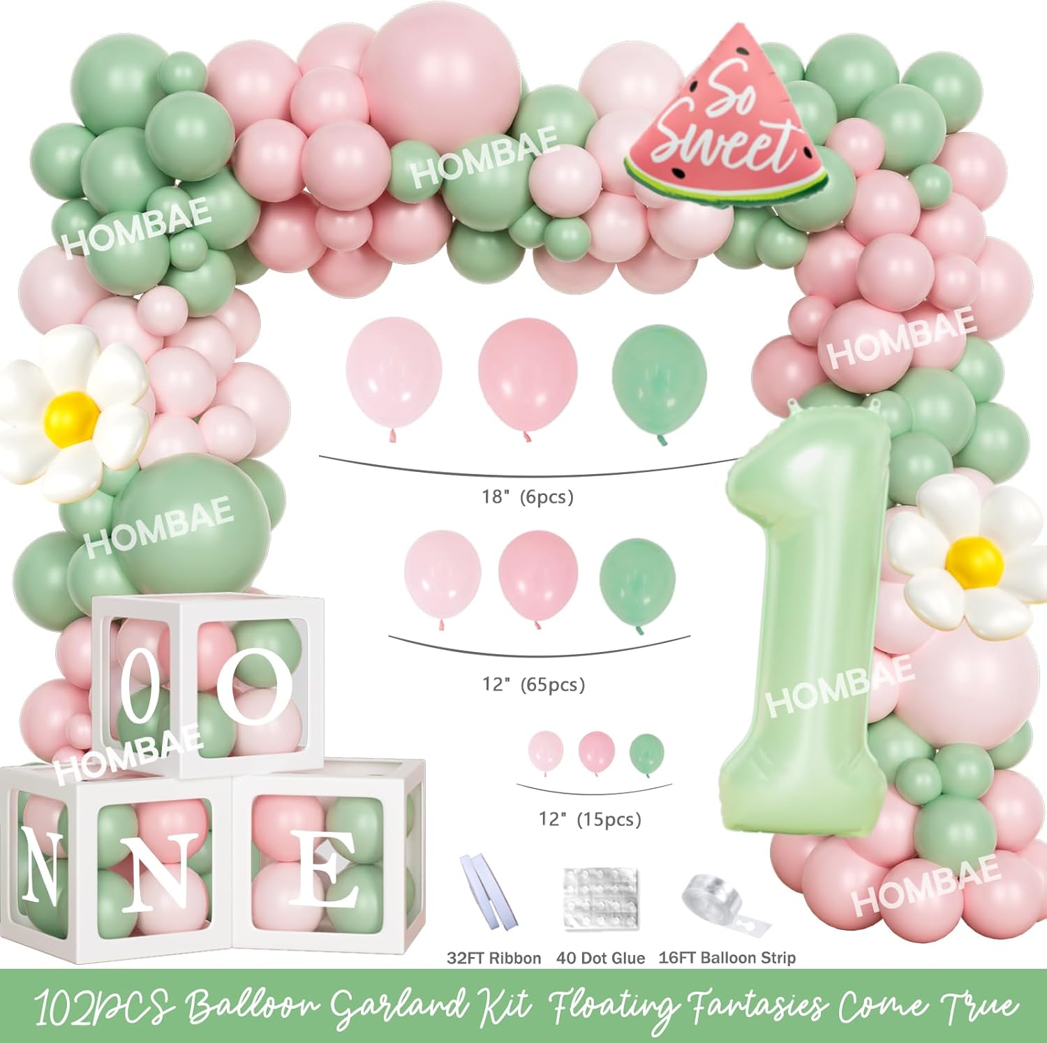 One In A Melon Party Decorations – 112 Pcs Watermelon Themed 1st Party Supplies With Backdrop, Balloon Garland, Watermelon Foil Balloon, Banner, Cake Topper, Poster, Boxes