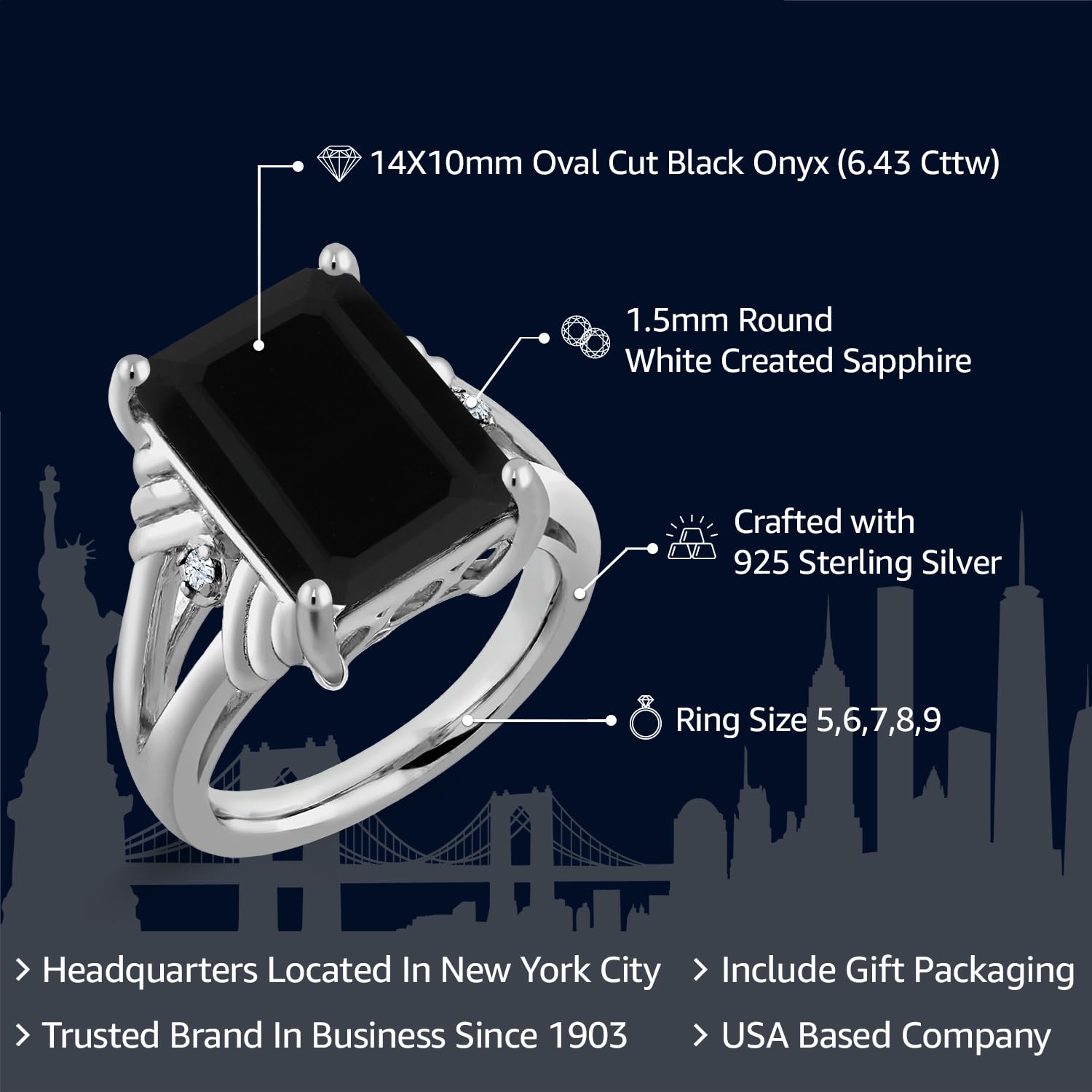 Anillo de compromiso de ónix negro y zafiro blanco de 6.43 quilates para mujer, plata de ley 925, piedra preciosa con piedra natal de diciembre, corte esmeralda de 0.55 x 0.39 pulgadas 2