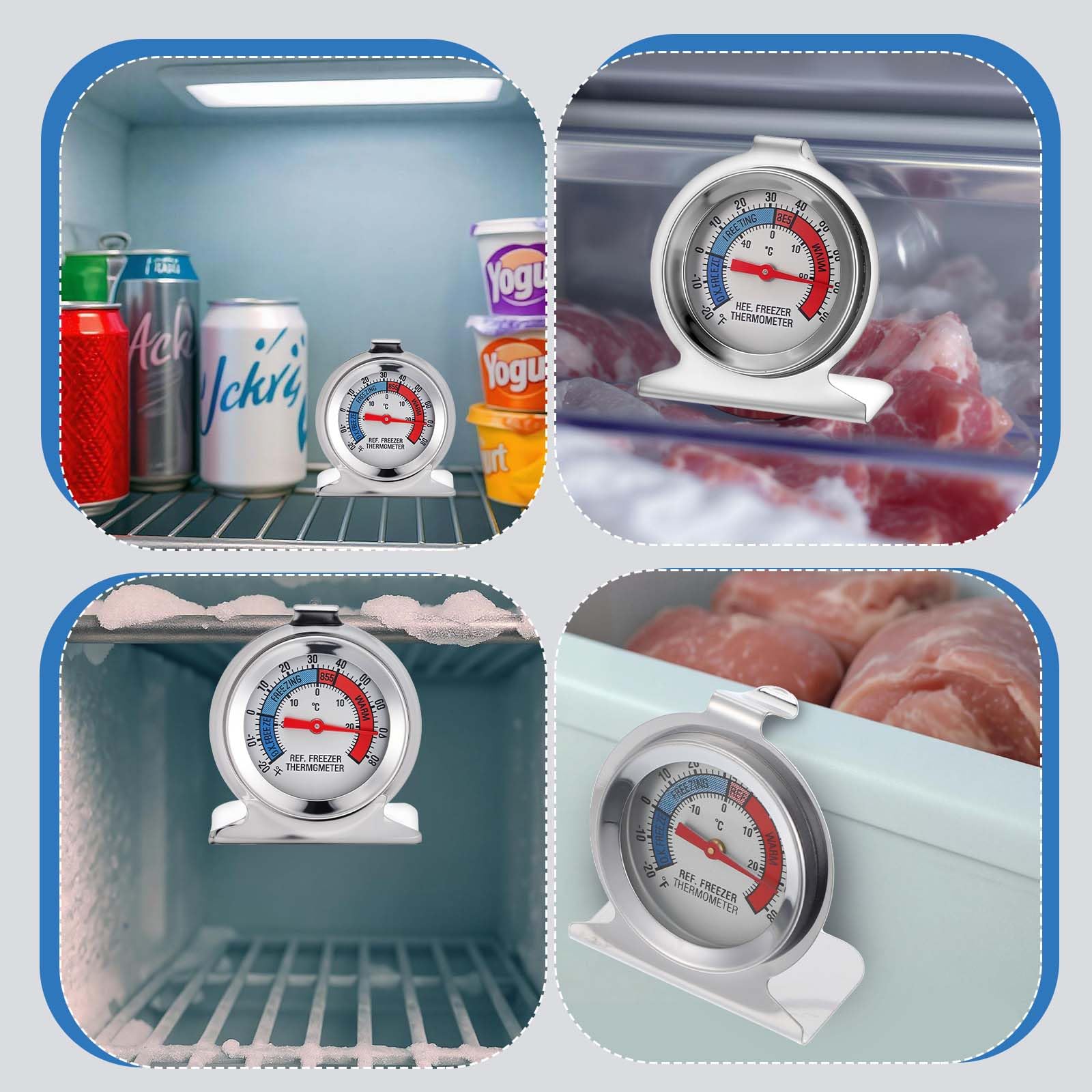 Confezione da 12 termometri analogici per frigorifero e congelatore, in acciaio inox, con quadrante grande, per frigorifero, congelatore