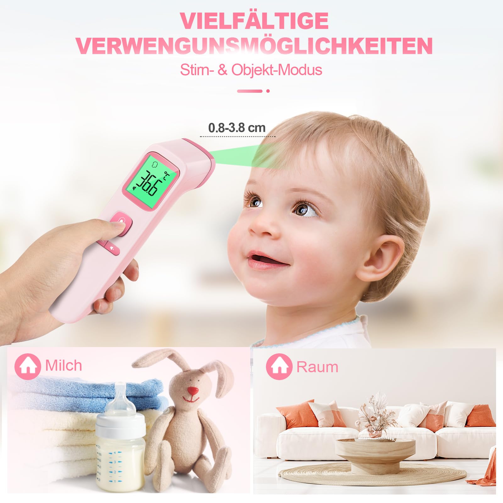 Viproud Termometro digital para fiebre para bebés, niños y adultos, Termometro bebe infrarrojo sin contacto para la Termómetro frente,con mediciones precisas instantáneas,alarma de fiebre (Rosy)