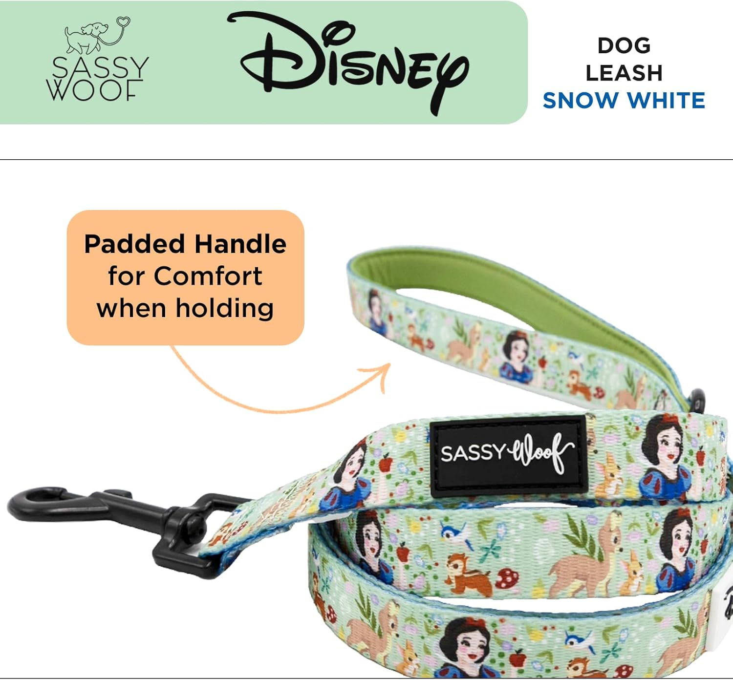 Sassy Woof Disney Princess Snow White Dog Leash 60-Inch with Neoprene Padded Handle - Comfortable, Durable, and Stylish for Small to Large Dogs - Officially Licensed