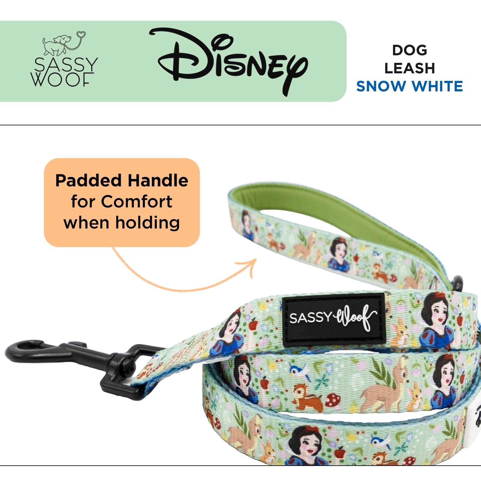 Sassy Woof Disney - Correa para perro Blancanieves de 60 pulgadas con diseño patentado y mango acolchado de neopreno, cómoda, duradera y elegante para perros pequeños a grandes