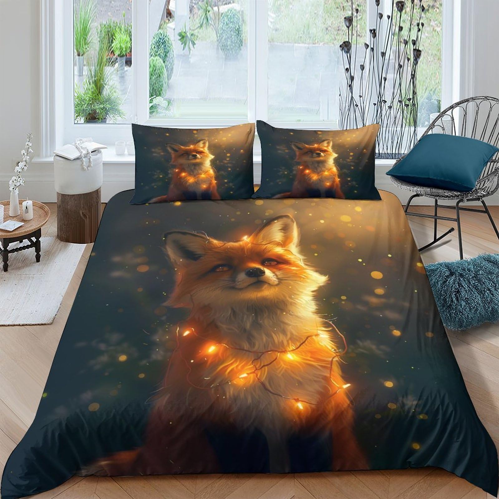 GPLZQXKJNH 3D Printed Fox Forest Duvet Cover Microfiber Soft Breathable Firefly Quilt Cover Set with 2 Pillowcases for Bedroom Decor Single（135x200cm）