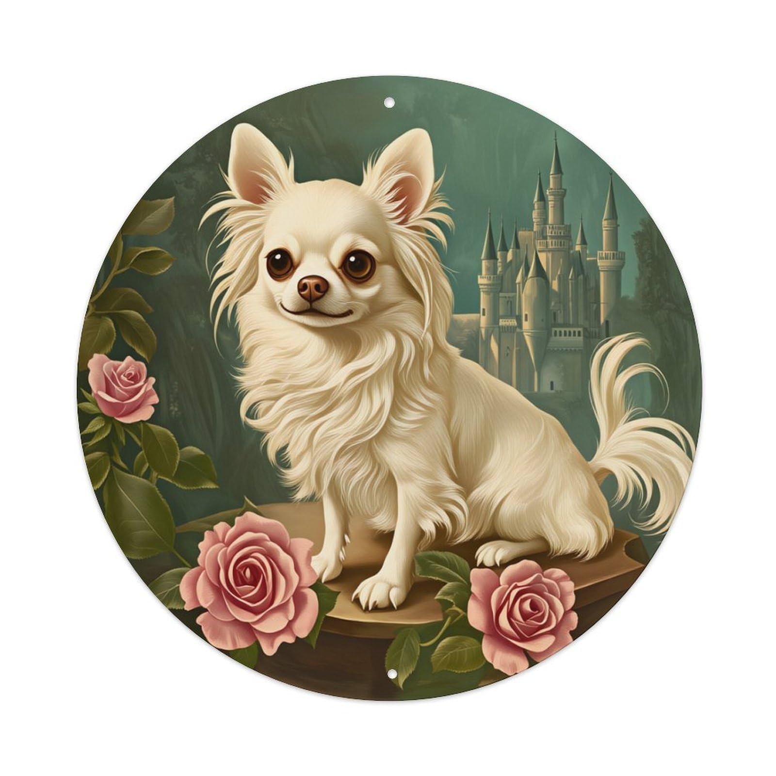 Chihuahua Castle Roses Fantasy Art Round Tin Sign Retro Metal Sign for Cafe Bar Pub Home Game Room Gym Club Wall Decoration Vintage Metal Poster 8x8 Inch