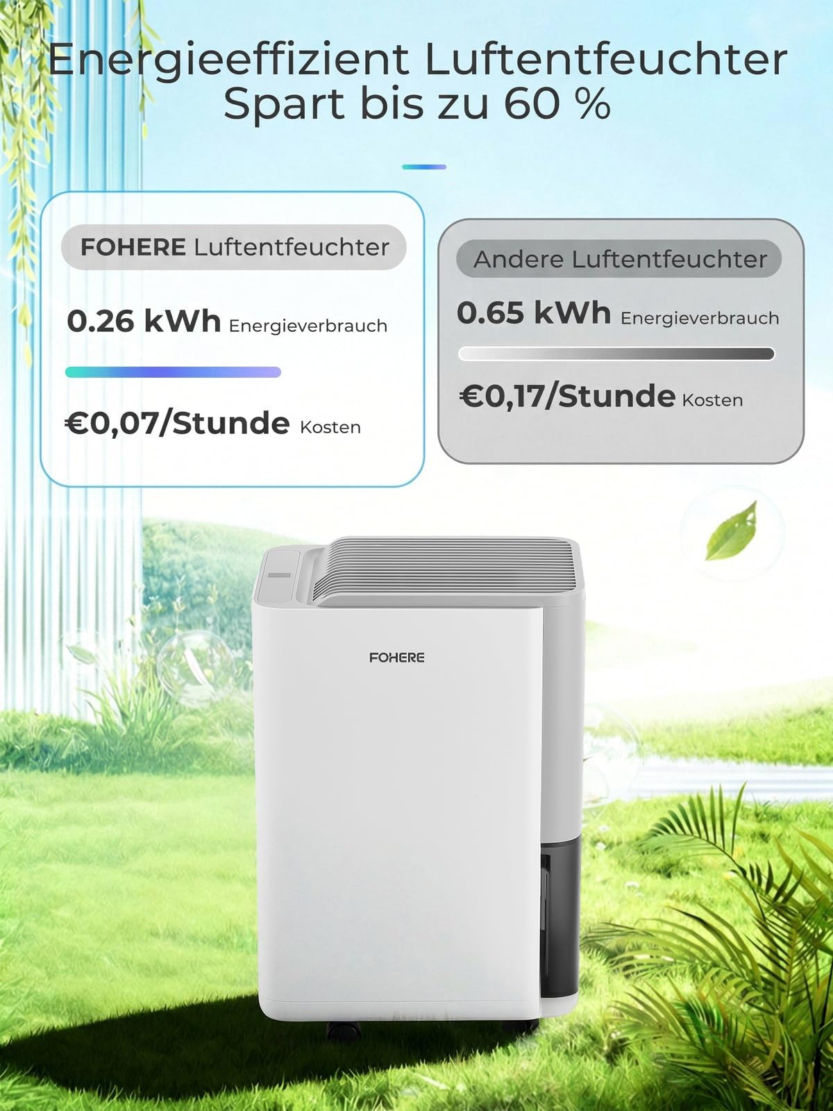 FOHERE Luftentfeuchter 30L/Tag, Raumentfeuchter bis 50 m² für Keller, Bad und Schlafzimmer, mit Hygrostat, Ablaufschlauch, Wäschetrocknung, Schlafmodus, 24h-Timer und Rollen