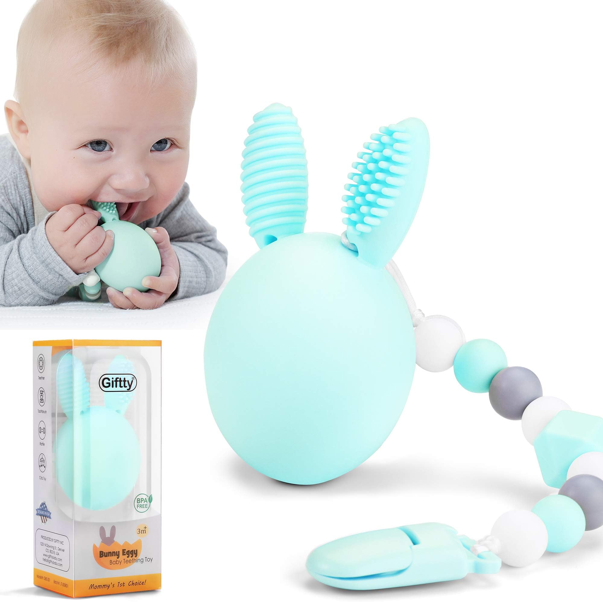 Bunny Eggy Teething Toy, Multifunction Teether Toothbrush Rattle Gum Massager Infants Sensory Toy with Silicone Bead Clip and Carry Box, 100% Safe Food-Grade Silicone for Baby Boys & Girls (Mint)