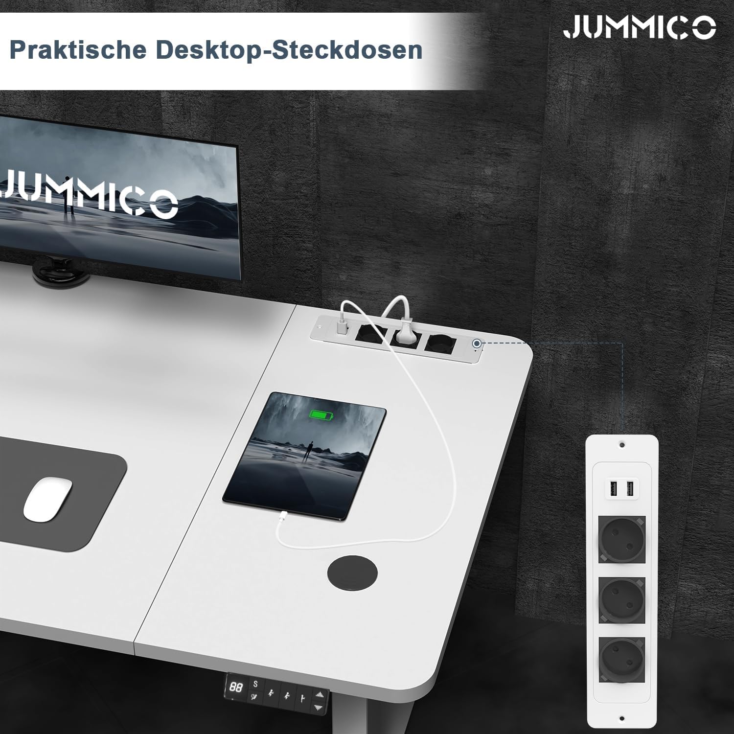 JUMMICO Höhenverstellbarer Schreibtisch 160x80cm mit Kabelloser Ladestation und Euro-Steckdose mit USB, Schreibtisch Höhenverstellbar Elektrisch Stehtisch, Standing Desk Weiß