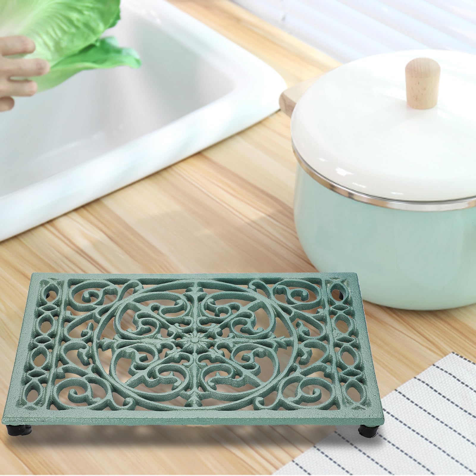 Dessous de Plat rectangulaire en Fonte Vintage avec Pattes en Caoutchouc protéger Les Plats Chauds Support pour Casserole pour la Cuisine et la Table à Manger (Vert，Style 3)