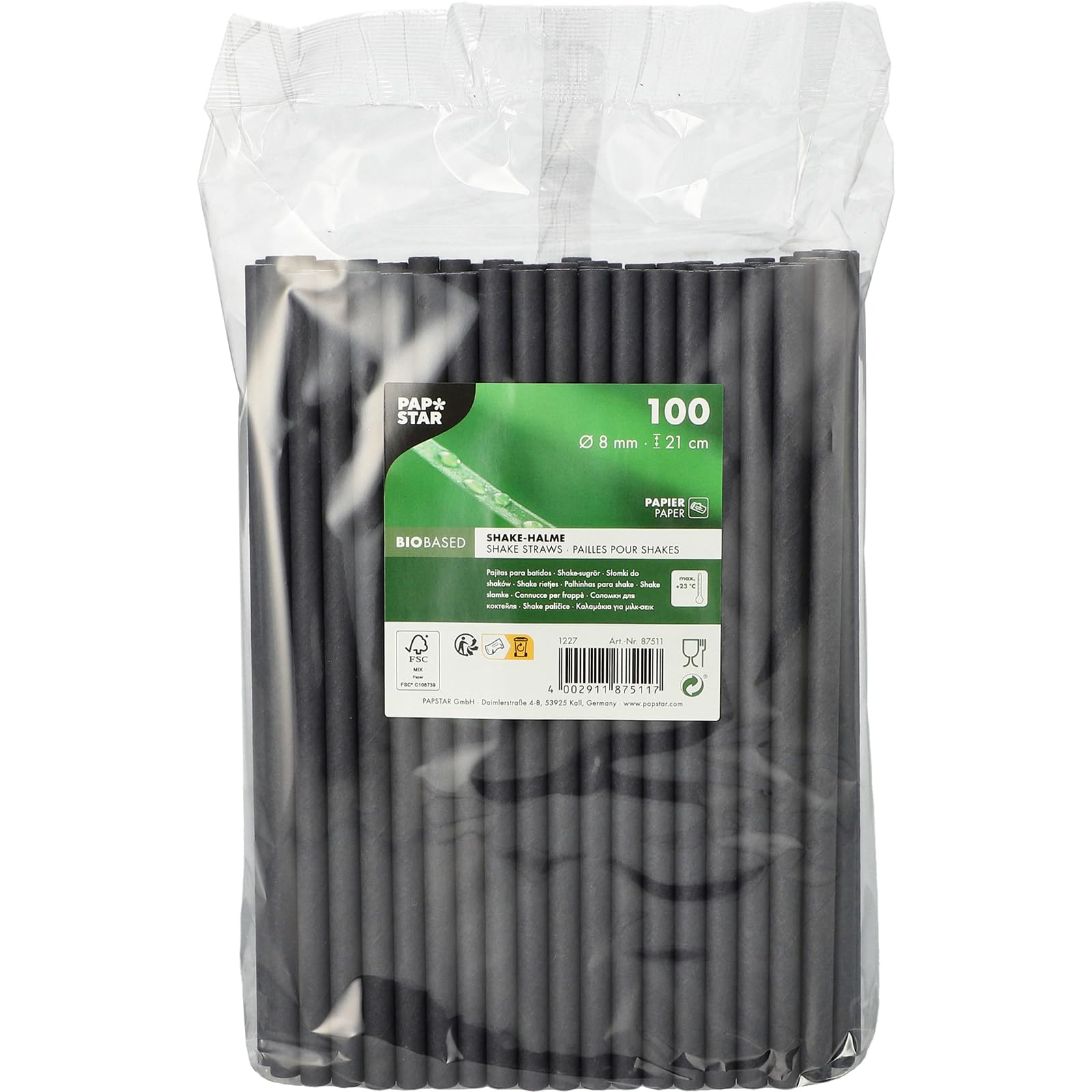 PAPSTAR 1000 Shake-Halme, Papier Pure Ø 8 mm, 21 cm schwarz 87511 biologische Papiertrinkhalme Papierstrohhalme Bio Öko
