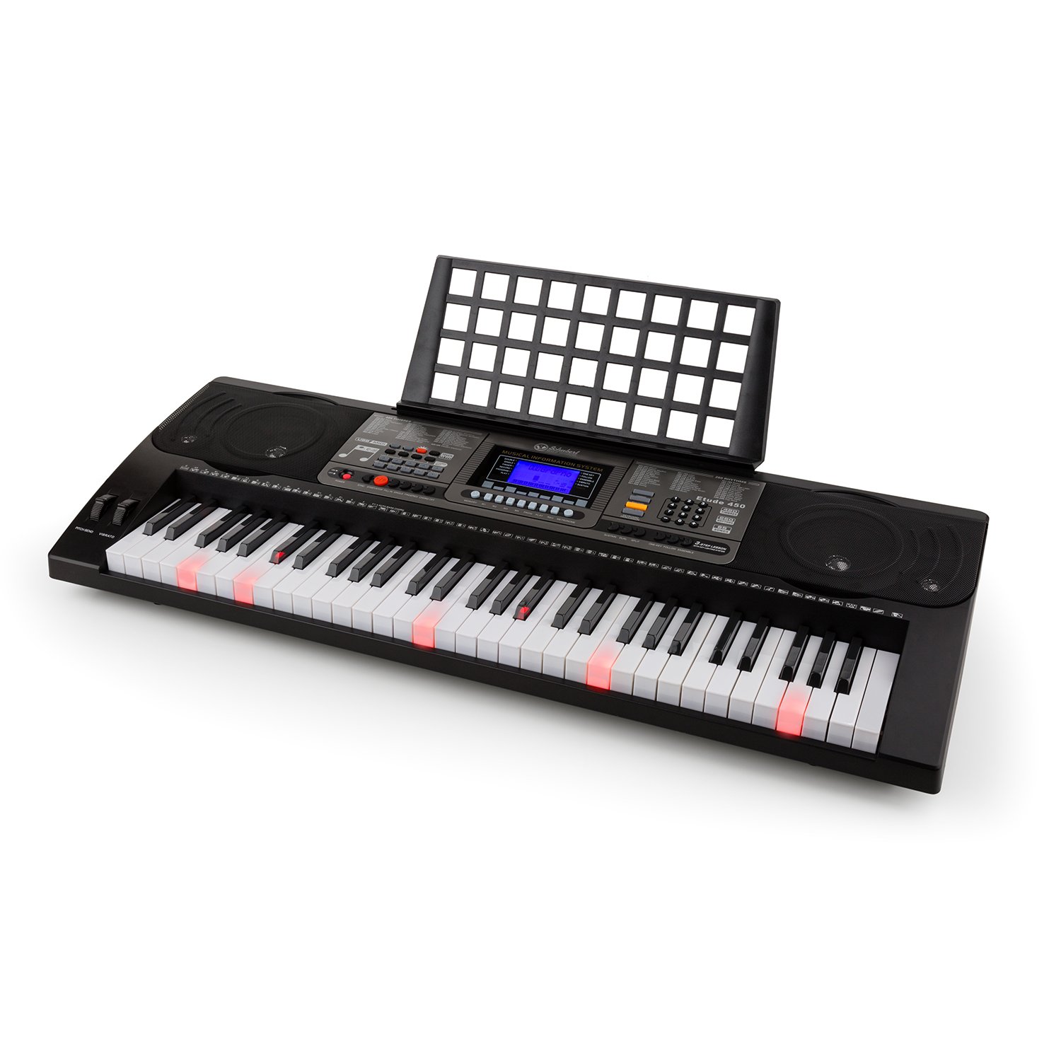 Schubert Etude - Teclado Piano Digital Electrico, 61 teclas luminosas, USB, MIDI, Sensibilidad a la rapidez, Función de grabación y reproducción, 3 modos de aprendizaje, 450 sonidos, Negro