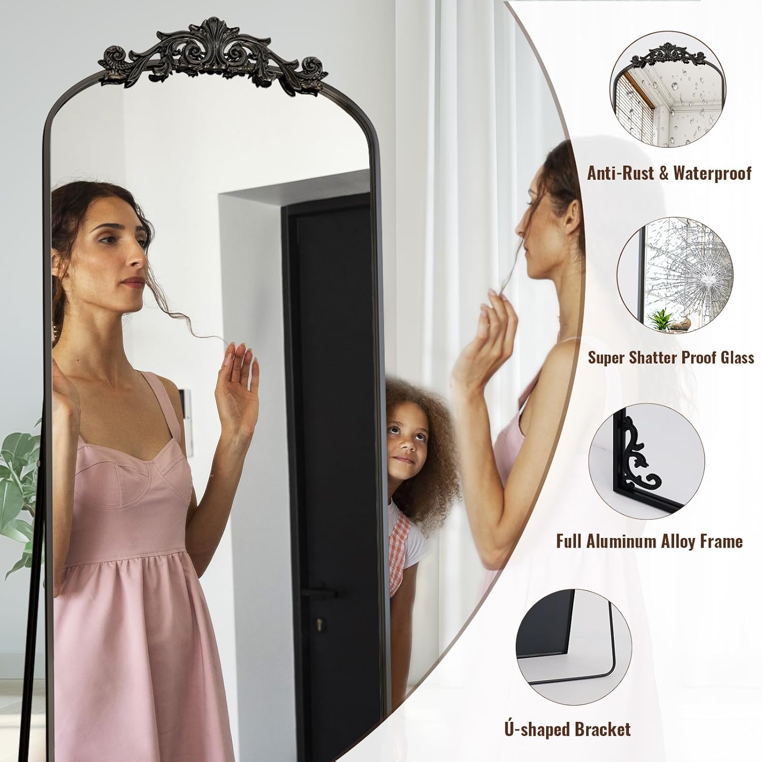 21"x 64" Arched Full Length Mirror, Freestanding Floor Mirror with Carved Metal Frame & Bottom Art Carved, Black Full Body Mirror for Home Decor - Image 4