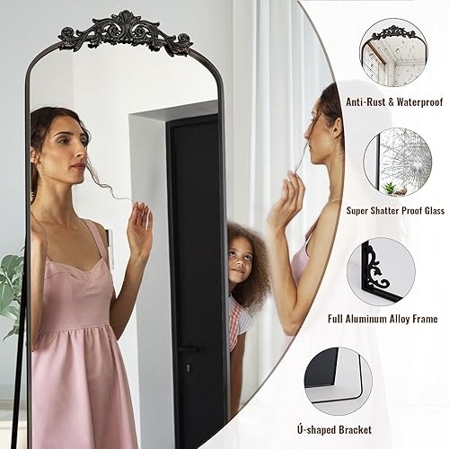 Vista 4 de Espejo de cuerpo entero en forma de arco de 21 x 64 pulgadas, espejo de pie independiente con marco de metal tallado y arte tallado en la parte Negro