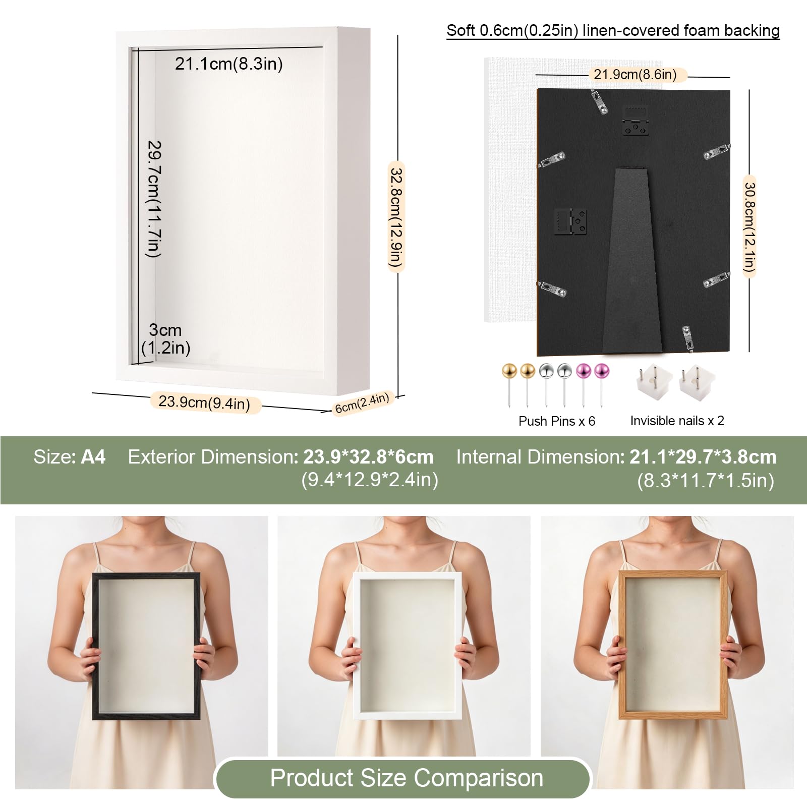 MGLIFEUL A4 Shadow Box Frame with Real Glass Panel & Soft Linen Back, White, A4(21x29.7cm) - Image 3