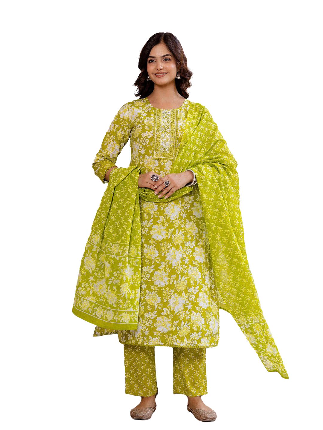 Women's Ethnic Motifs Embroidered Thread Work Pure Cotton Kurta with Palazzos & Dupatta (P-1105-Turquoise-3XL)-image-8