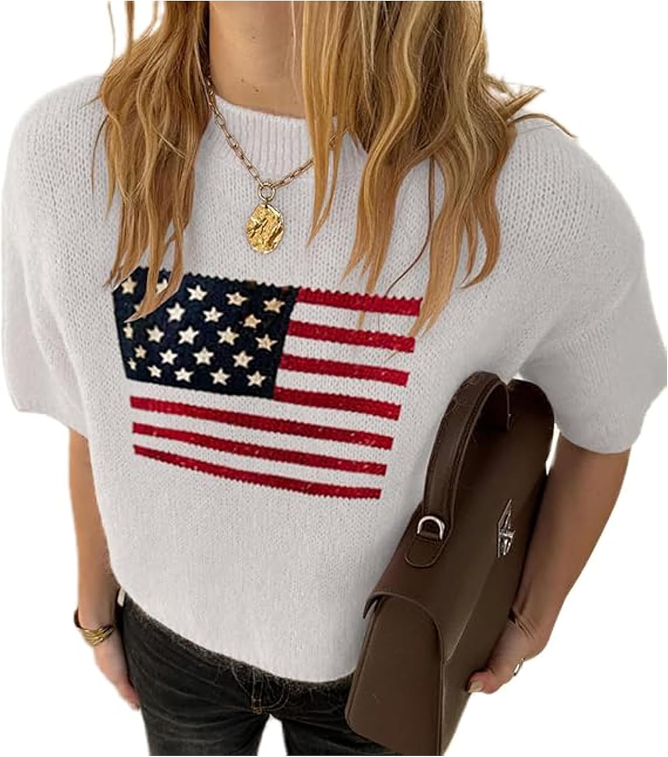 Womens American Flag Short Sleeve Sweater Crewneck USA Graphic Patriotic Knit T-Shirt 4th of July Crop Tops