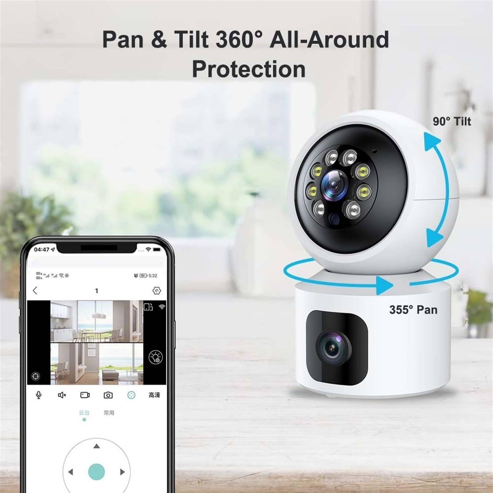 Kamera Wi-Fi 2,5K 4MP z podwójnymi ekranami Monitor dla zwierząt domowych Kryty śledzenie AI Ochrona bezpieczeństwa Nadzór wideo Kamera lornetkowa Łatwa instalacja(2.5K 4MP Add 64G)