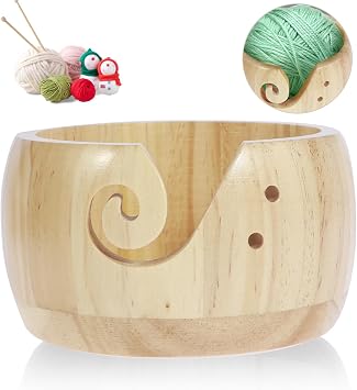 Wooden Yarn Bowl, Knitting Yarn Holder, Pine Crochet Bowl Holder with Carved Holes, Round Yarn Storage Bowl, Wooden Weaving Thread Bowl, 5.9x5.9x3in Yarn Holder for Crocheting DIY Crafts