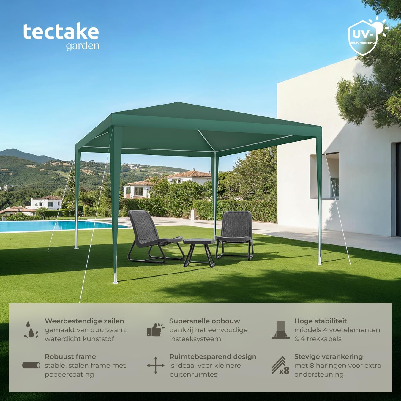 Assembled tectake 3x3m Green Open Party Tent with key features highlighted: weather-resistant tarp, quick assembly, high stability with 4 foot elements, robust frame, space-saving design, and secure anchoring with 8 pegs.