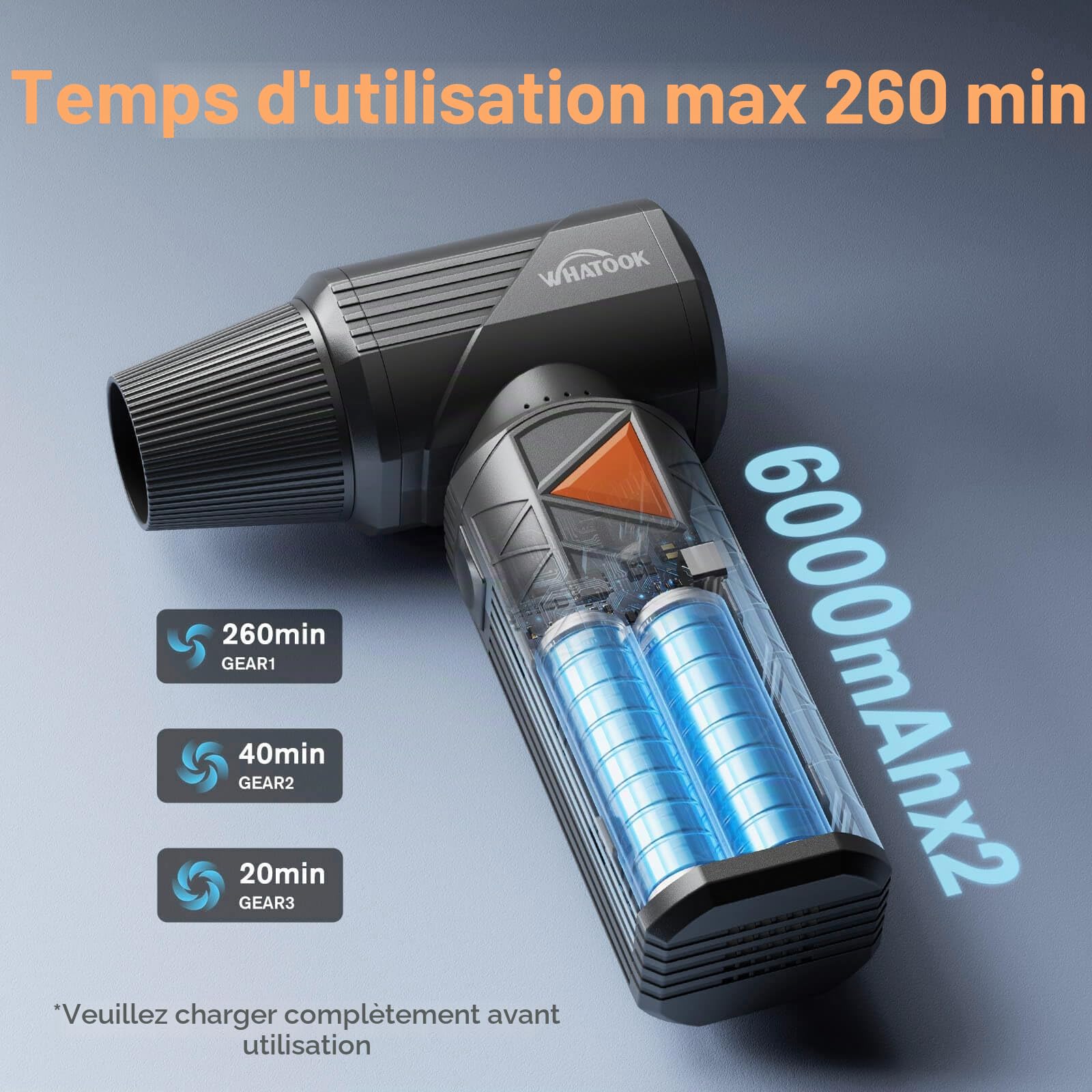 WHATOOK W02 Pro Souffleur Air Comprimé, 400000 TR/Min 100m/s Dépoussiérants Puissants électrique avec Batterie 12000mAh, Mini Souffleur avec Réglage de Puissance 0-100% pour PC, Clavier, Voiture