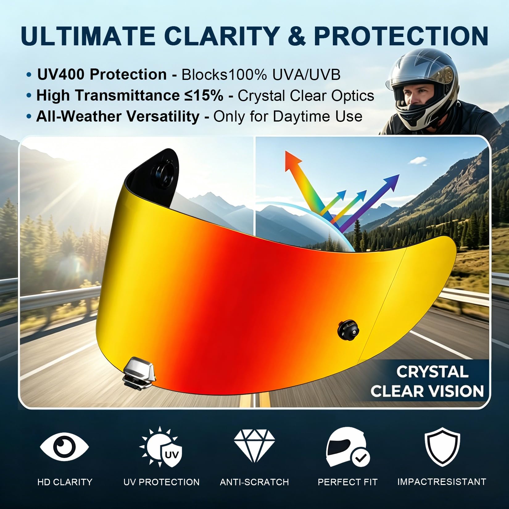 PSLER Motorrad Visier für HJC RPHA 11 (Pro/Carbon) und RPHA 70 (ST/Carbon), Ersatzvisier Kompatibel mit HJ-26 HJ-26ST, Anti-Kratz UV-Schutz, Pinlock Ready(Tiefes Goldrot)