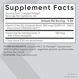 Sports Research Vitamin D3 + K2 w/Coconut Oil - Vegan Vitamin D 10,000iu & Mk7 Vitamin K 100mcg for Bone & Immune Support - Vegan Certified  Non-GMO  Soy Free - 60 Softgels