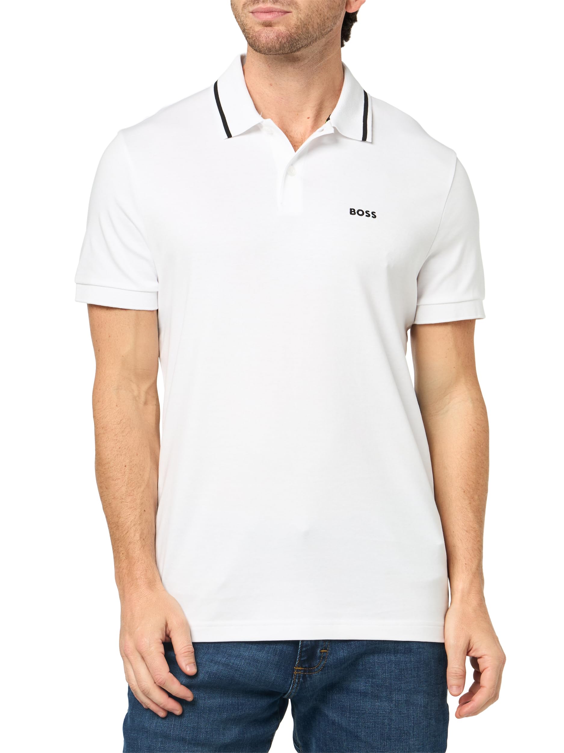 

                                                    BOSS, Iconic Stripe Collar Polo Shirt, Beaming Whi