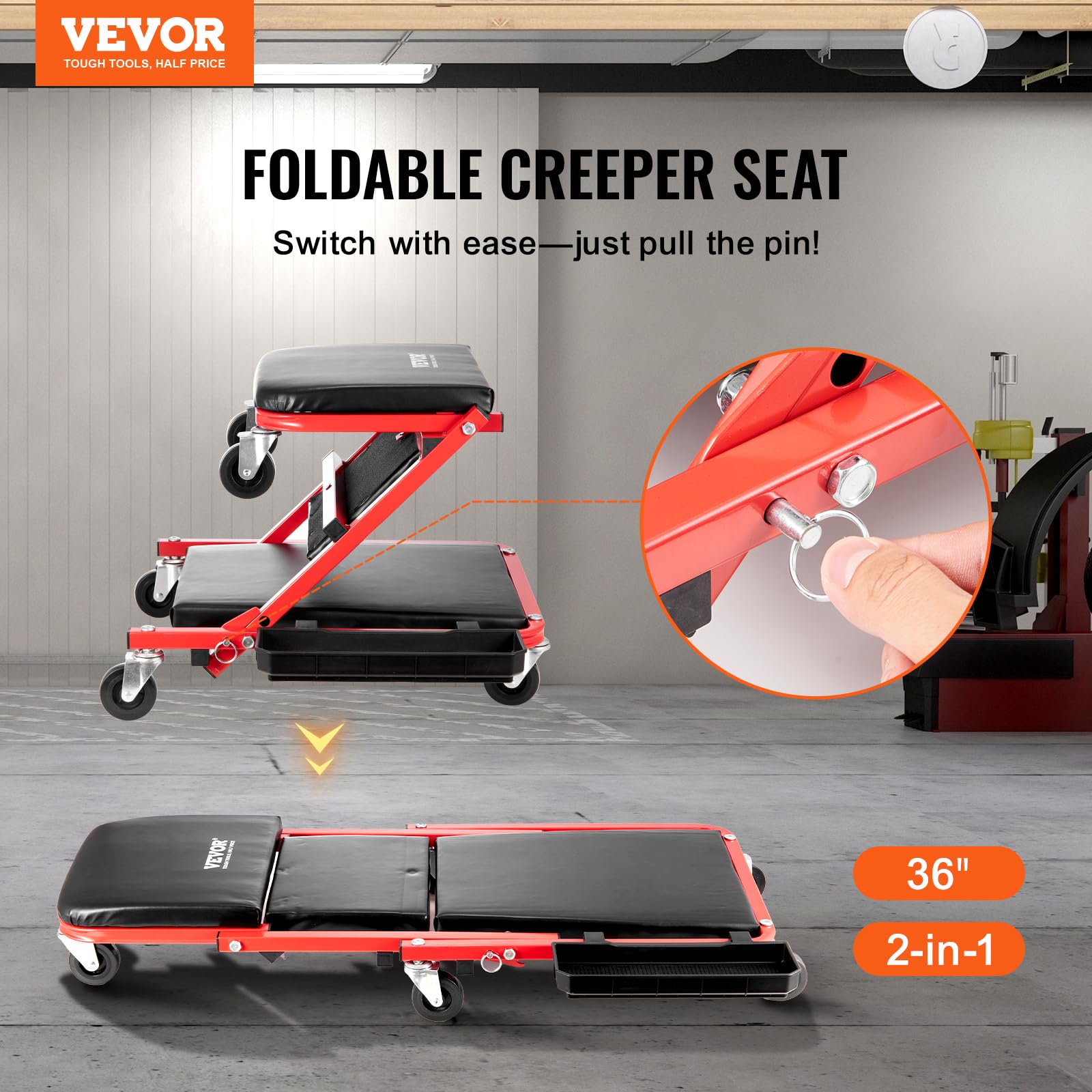 VEVOR Taburete Plegable para Garaje en Forma de Z, Capacidad de 136,1 kg, Bandeja para Herramientas 6 Ruedas, Asiento Acolchado, para Tumbarse o Sentarse para Garaje, Taller o Casa, 910 x 425 x 140 mm
