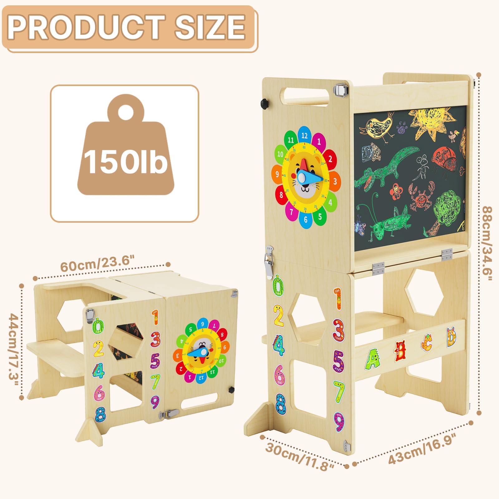 Lernturm ab 1 Jahr | 4-in-1 Lernturm Klappbar für Kinder |Learning Tower mit Tafel und Lernuhr aus Holz | Küchenhocker für Kleinkinder | Aus Nachhaltigem Holz | Stabiler Montessori