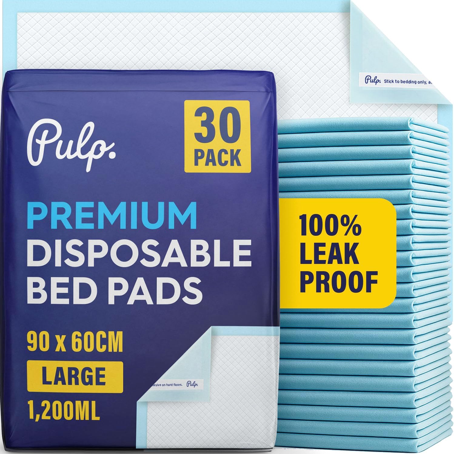 PULP 30 x Disposable Incontinence Pads 90cm x 60cm | Waterproof Absorbent Protective Mats for Mattresses, Sofa and Chair for Kids, Adults and the Elderly