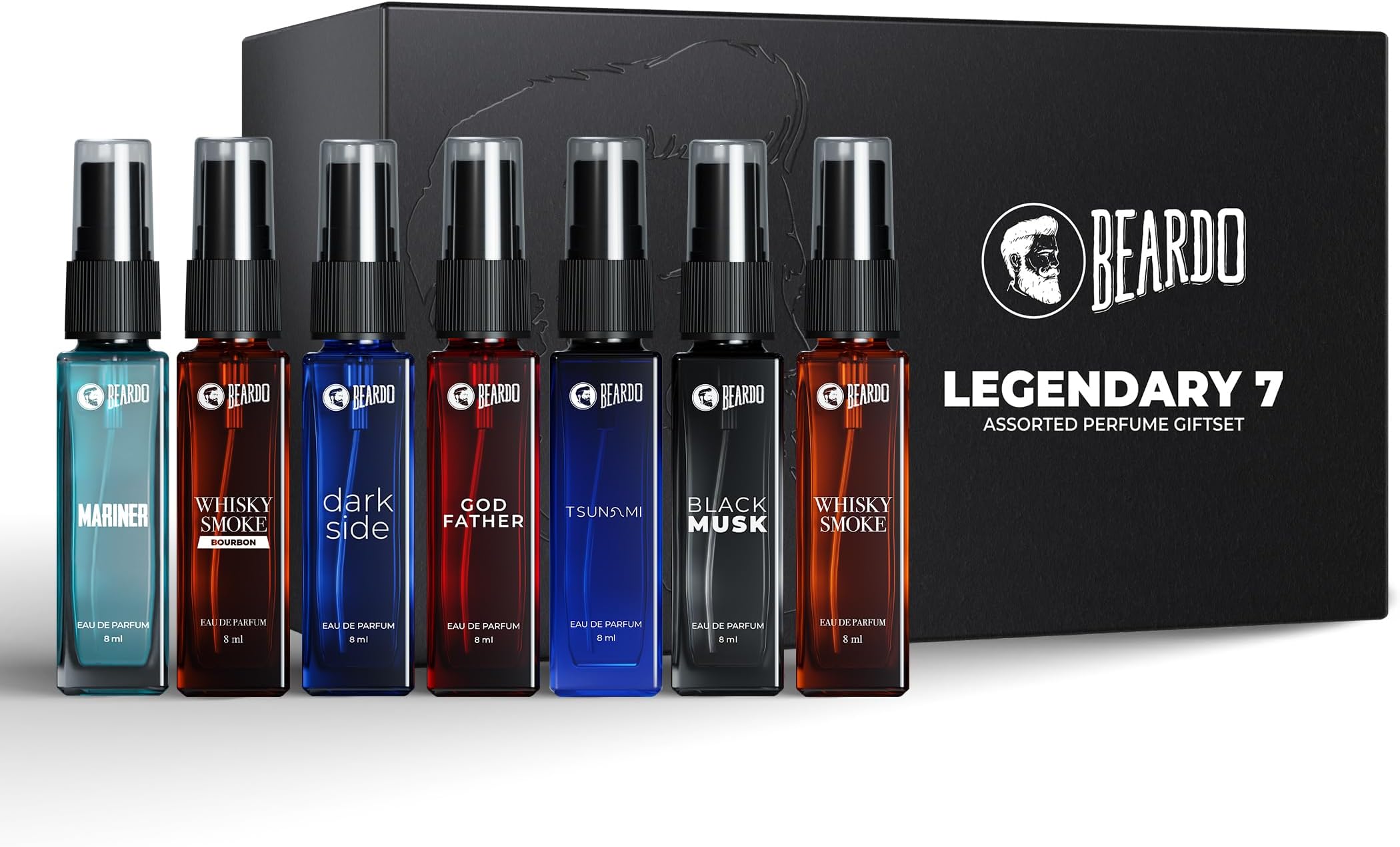 Legendary 7 Assorted Perfume Gift Set for Men 7X8ml with Long Lasting Fragrances | Travel Pack with Mariner Whisky Smoke Dark Side God Father Tsunami & Black Musk | Rakhi Gift for Brother | Gift for boyfriend | Gift for Men | Gift for Brother