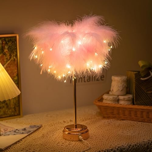 Miniatura 9 de Lámpara de plumas rosadas  Luces LED de noche de plumas de ambiente para madre, novia, hogar, habitación de niña, decoración de boda