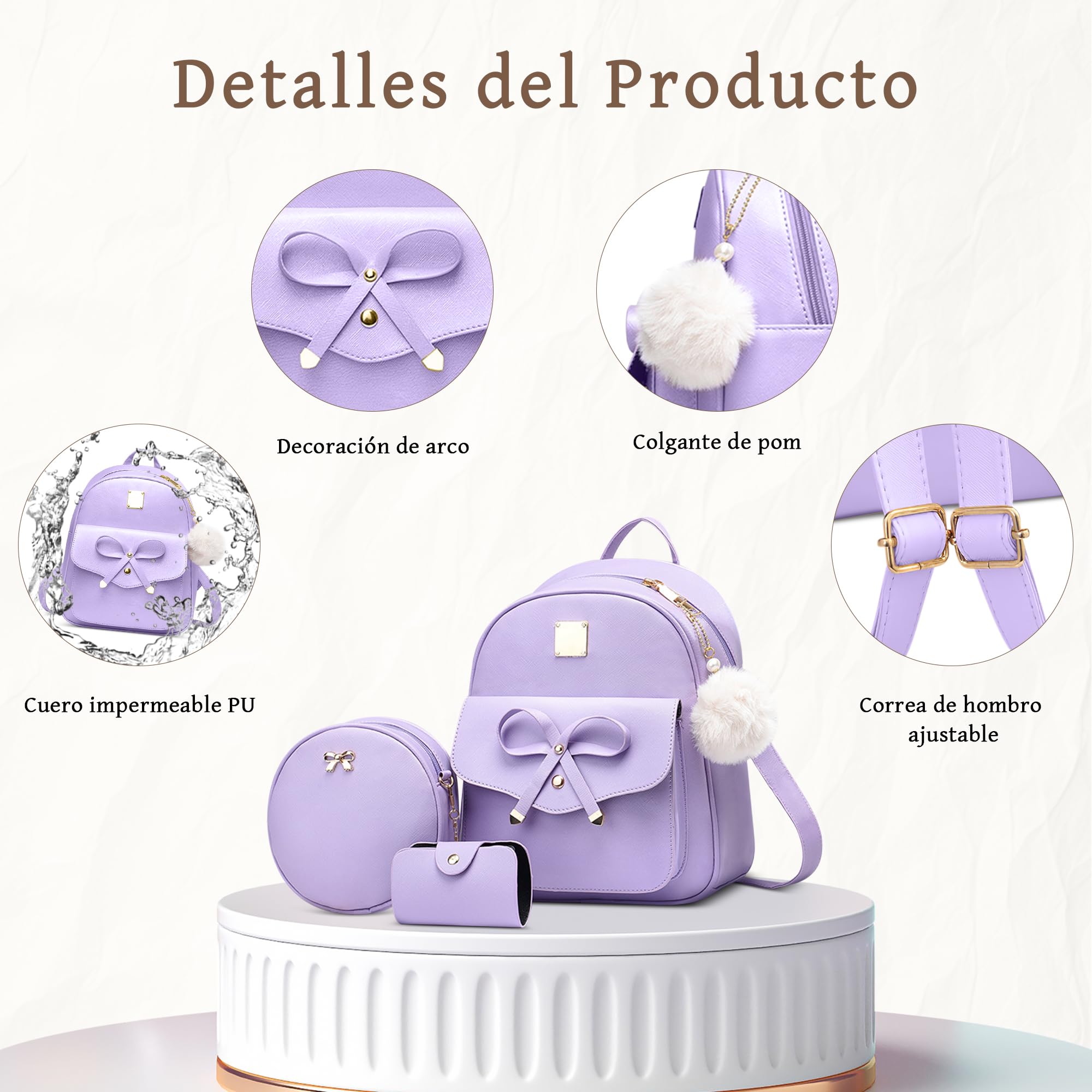 Mochila Mujer Pequeña Set 3 Piezas Bolso Bandolera Monedero PU Cuero Mochilas Antirrobo Elegante Bolsos Mochila Niñas con Lazo para Viaje Trabajar Fiesta