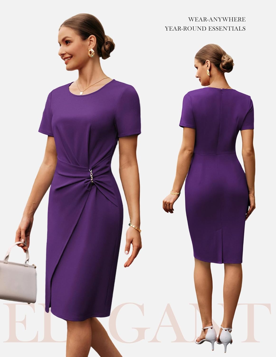 GRACE KARIN Work Dresses for Women 2026 Short Sleeve Sheath Business Midi Dress Ruched Bodycon Office Church Outfits - Image 3