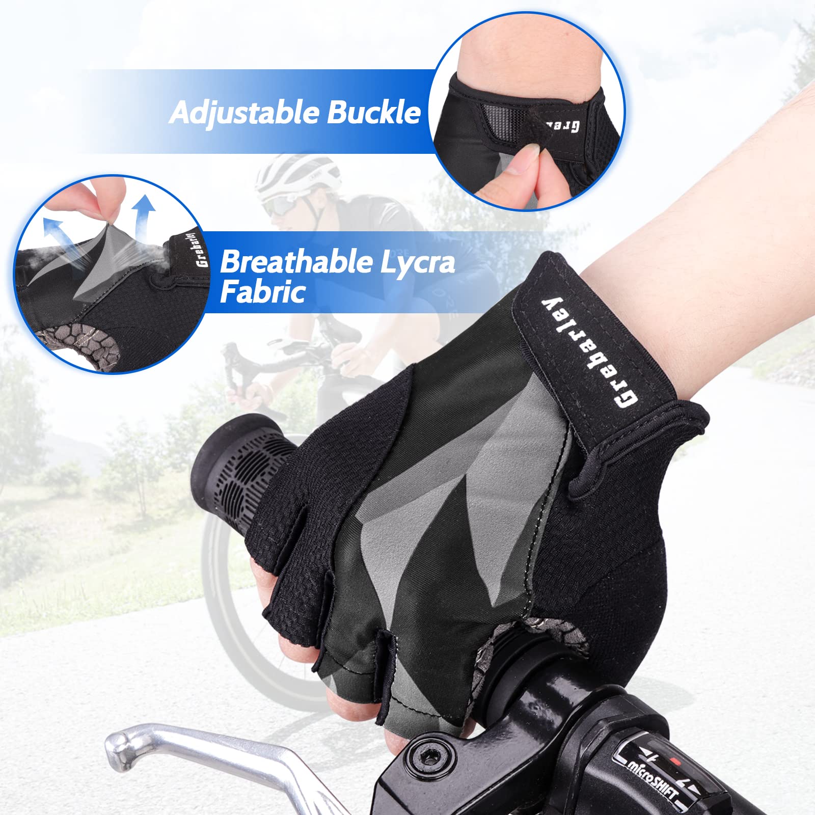 Grebarley Guanti MTB,Guanti da Ciclismo, Mezze Dita Guanti Ciclismo Estivi Uomo Donna, Traspirante/Antiurto/Confortevole/Antiscivolo Adatto per gli sport all'aperto