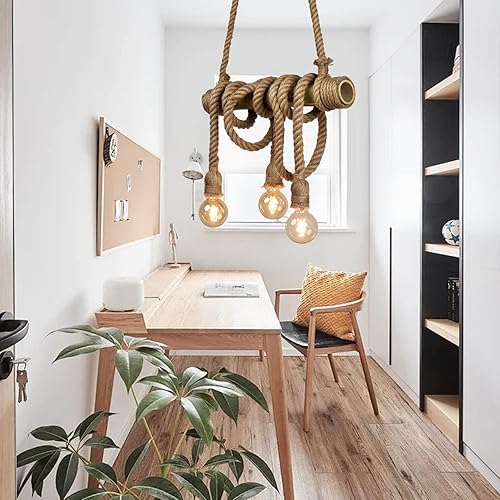 Miniatura 6 de Arturesthome 3 luces vintage de bambú candelabros de cuerda de cáñamo, lámpara colgante industrial rústica única para dormitorio, restaurante,