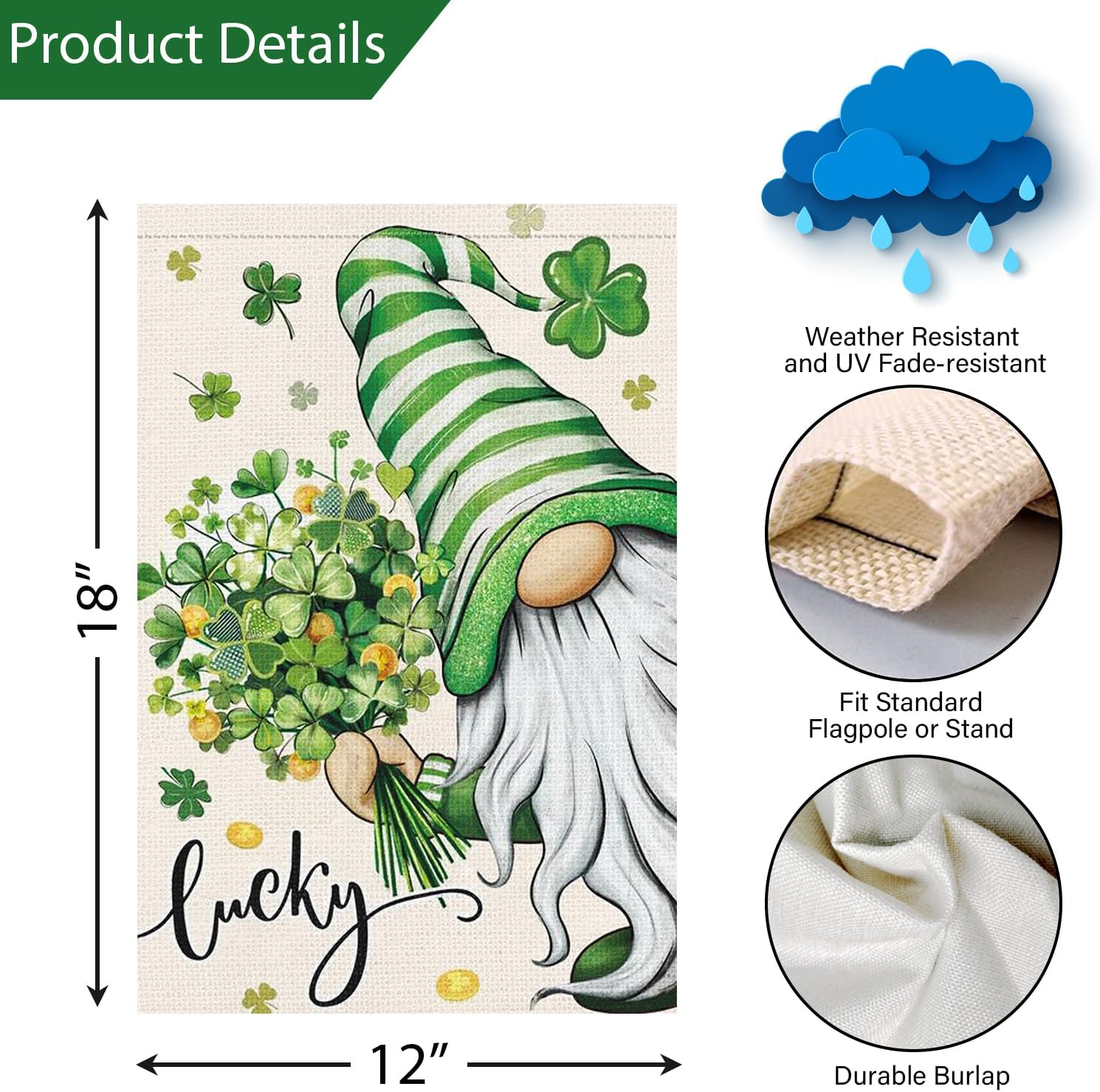 Louise Maelys St Patrick's Garden Flag Gnome Lucky Shamrock Clover 12x18 Inch Double Sided Floral Small Burlap Welcome Saint Patricks Spring Holiday Yard Sign Outside House Decor - Image 4